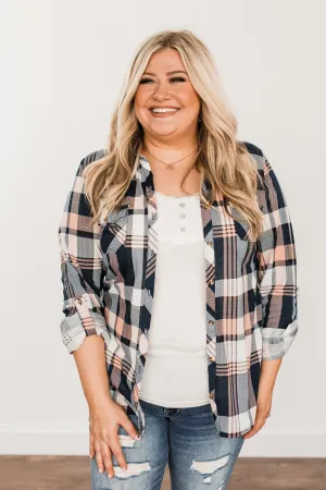 Fall Into The Night Plaid Button Top- Peach, Navy, & Ivory