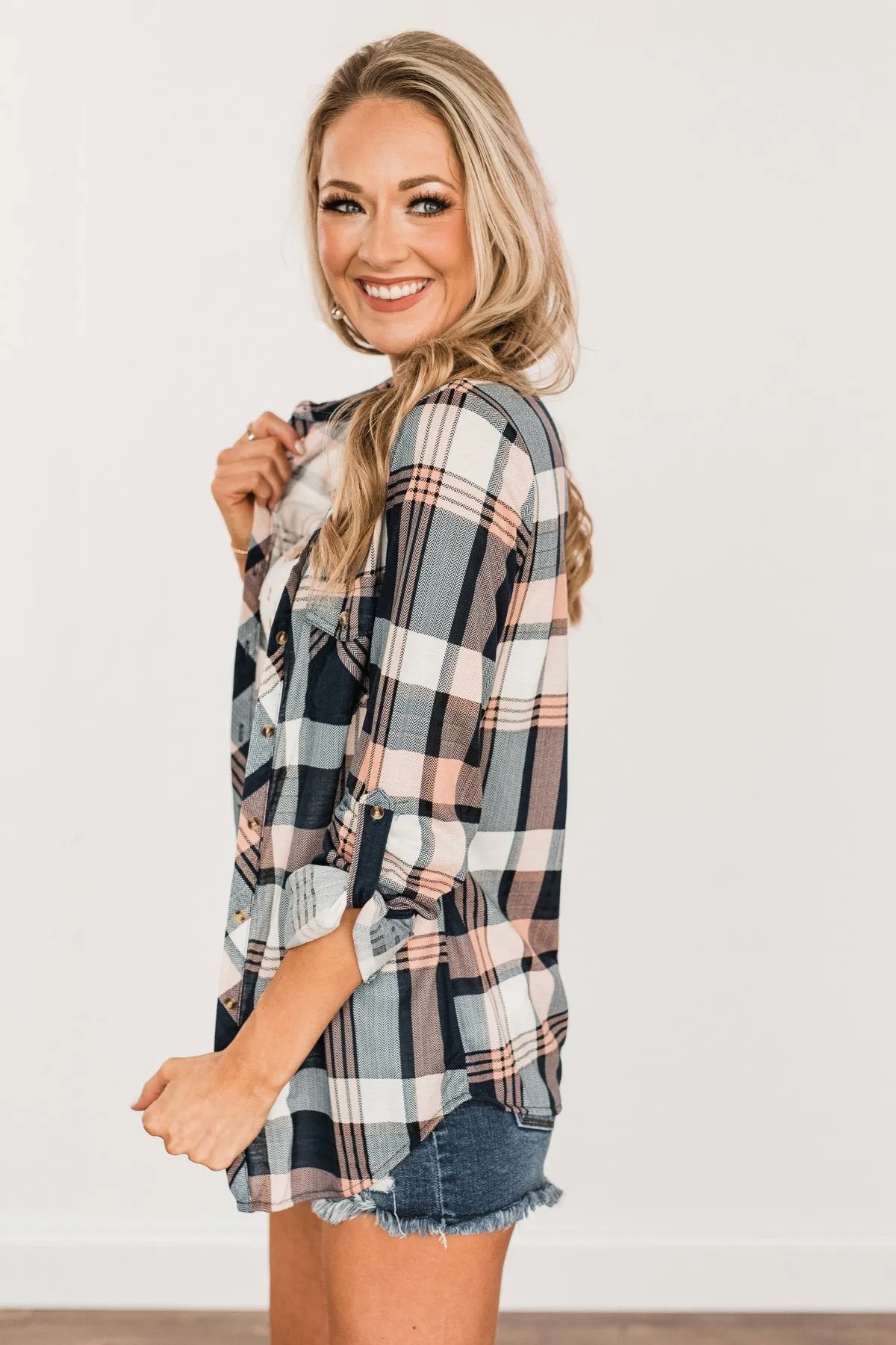 Fall Into The Night Plaid Button Top- Peach, Navy, & Ivory
