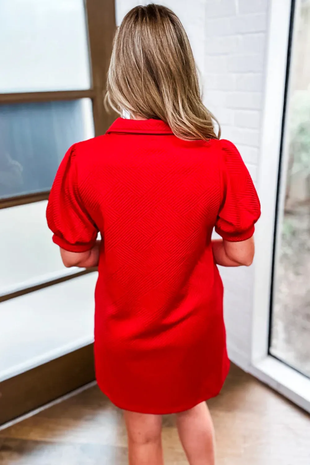Fiery Red Textured Collared V Neck Puff Short Sleeve Shift Mini Dress