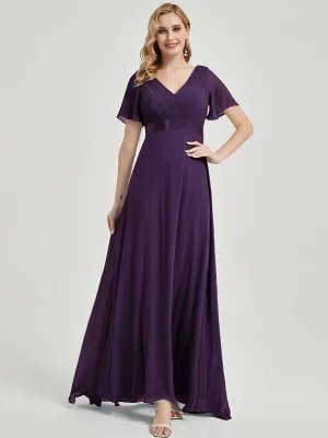 [Final Sale] Dark Purple Floor-Length Ruffle Pleated Mother of the Bride Dress