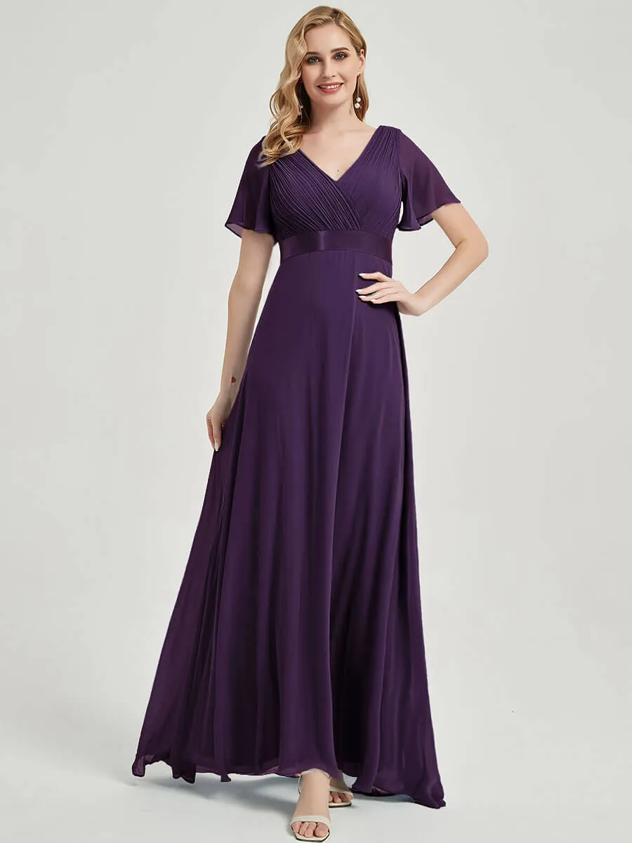 [Final Sale] Dark Purple Floor-Length Ruffle Pleated Mother of the Bride Dress