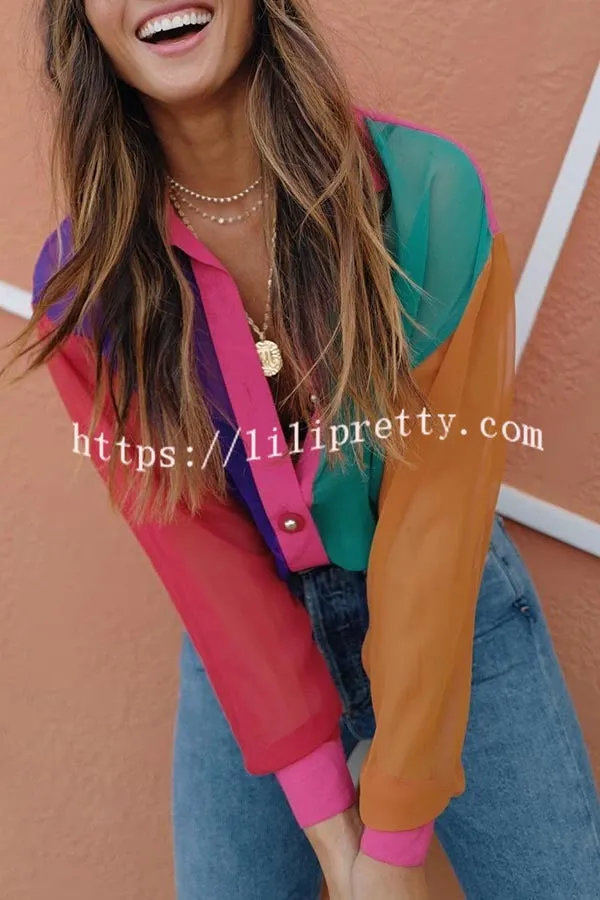 First Glance Sheer Tulle Colorblock Button Up Loose Blouse