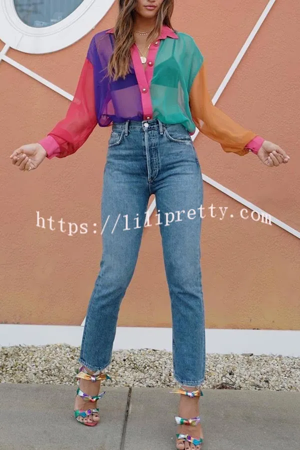 First Glance Sheer Tulle Colorblock Button Up Loose Blouse