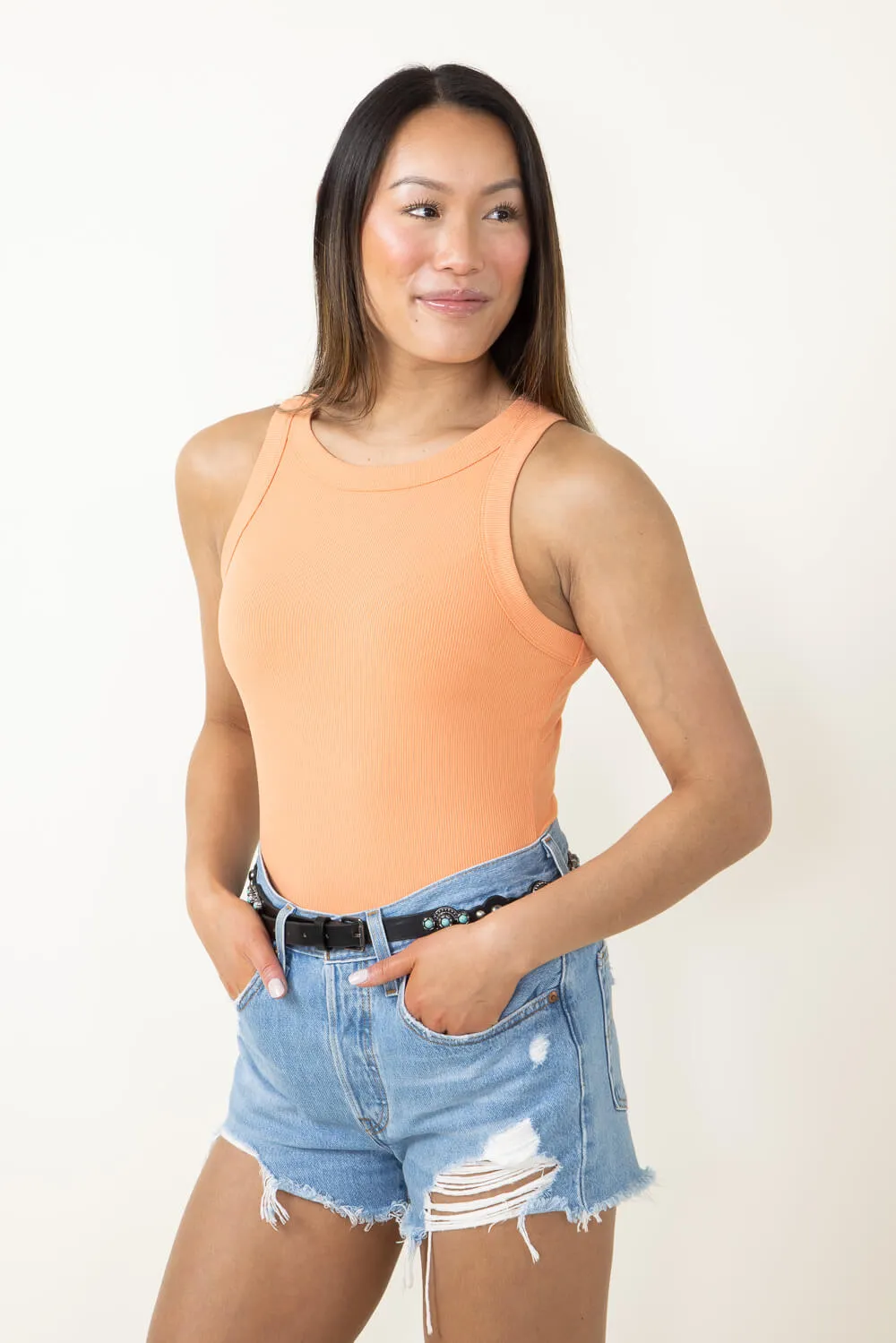 Fitted Ribbed Tank Top for Women in Orange | H14852-ORG