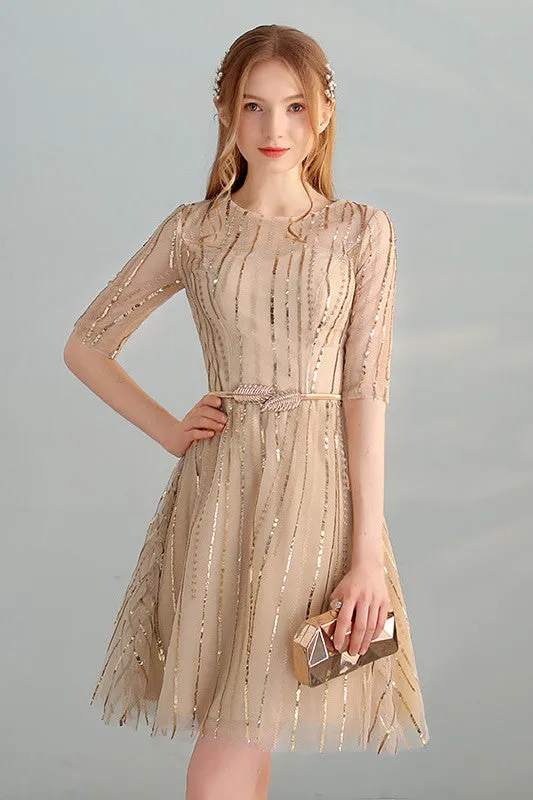 Gold Sequins A-Line Short Tulle Half Sleeves Homecoming Dresses OKC98