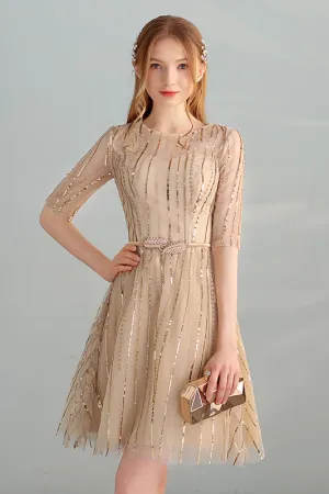 Gold Sequins A-Line Short Tulle Half Sleeves Homecoming Dresses OKC98
