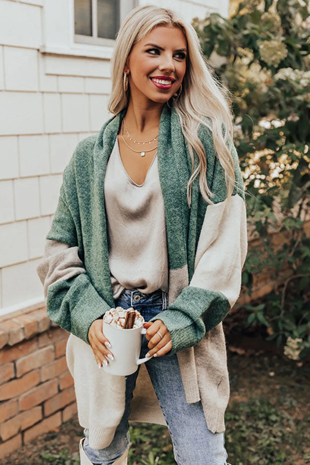 Green Colorblock Draped Open Front Chunky Cardigan