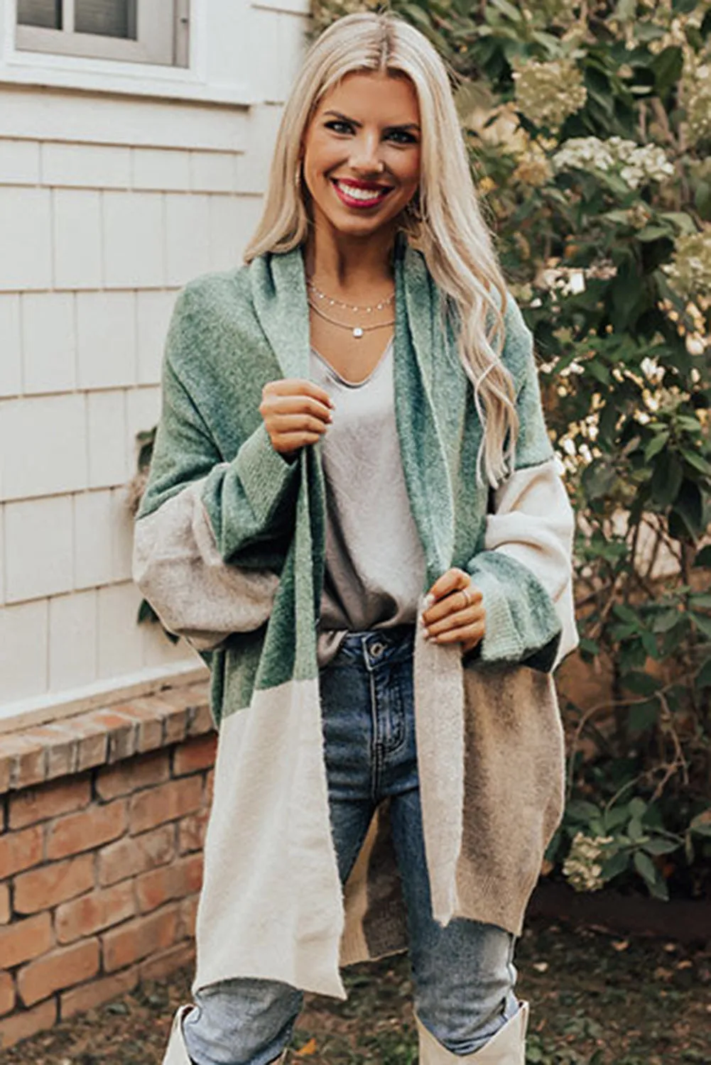 Green Colorblock Draped Open Front Chunky Cardigan