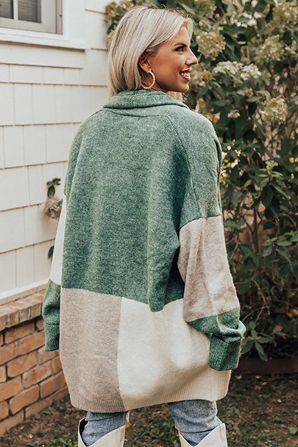 Green Colorblock Draped Open Front Chunky Cardigan