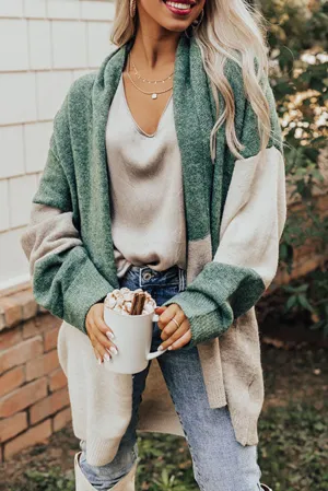 Green Colorblock Draped Open Front Chunky Cardigan