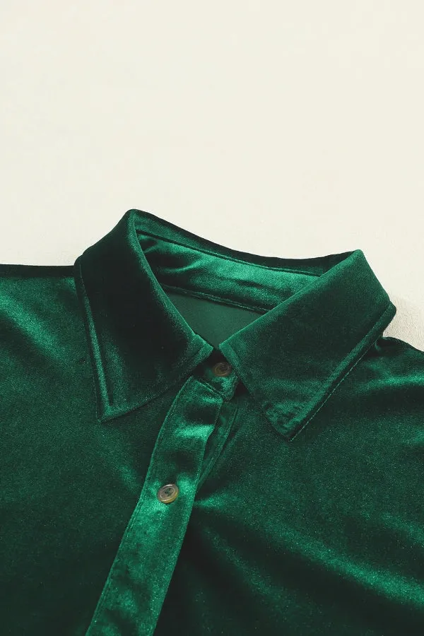 Green Long Sleeve Ruffle Velvet Button Up Shirt Dress