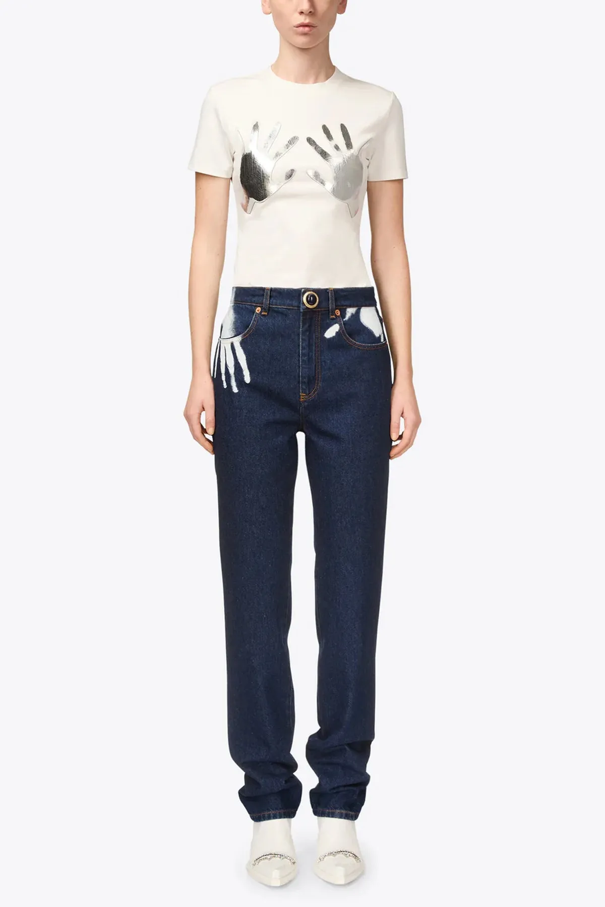 Handprint Straight Leg Jean in Dark Blue