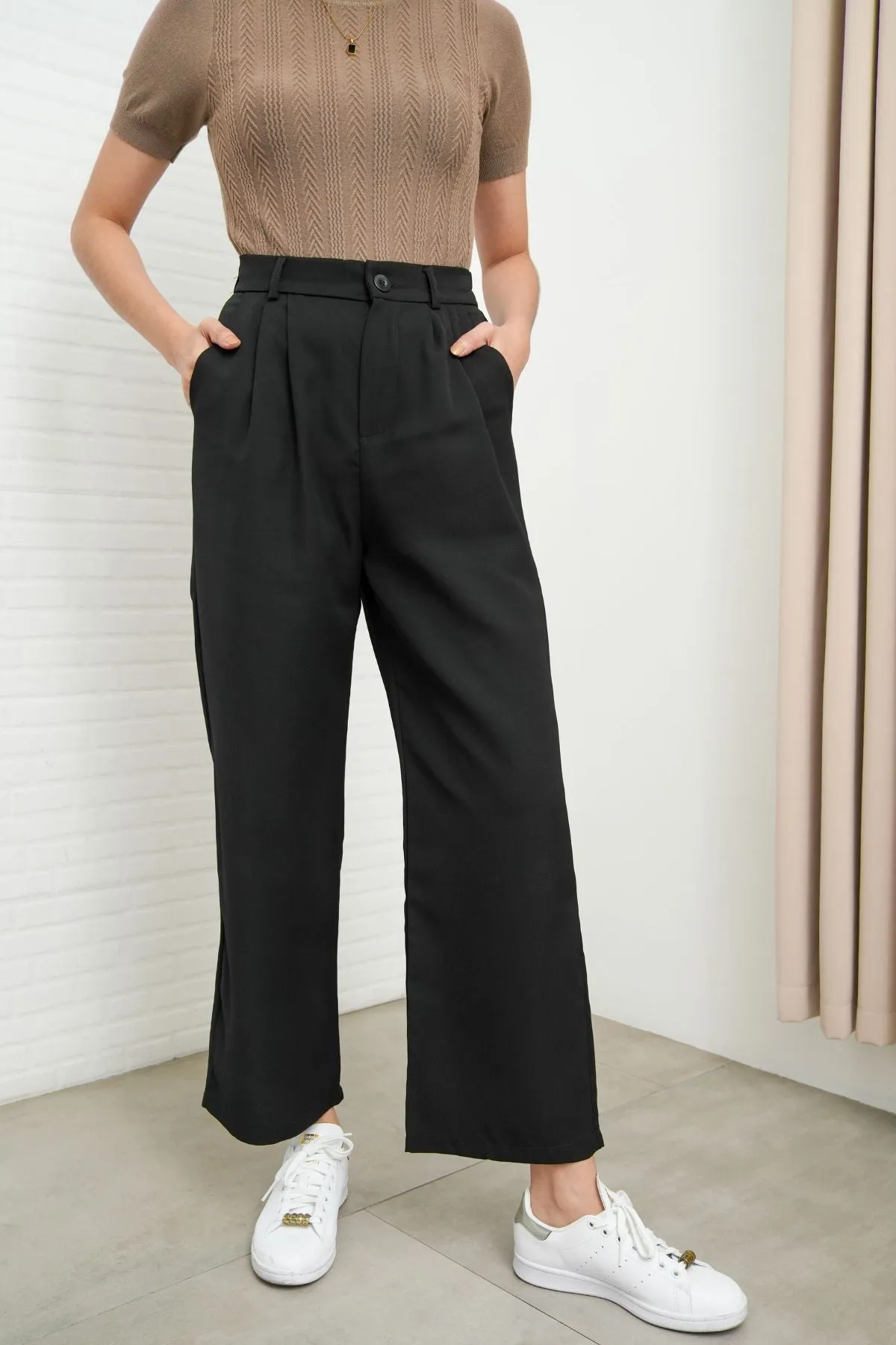 HARVEY High-Waist Tailored Straight Leg Trousers (Black)