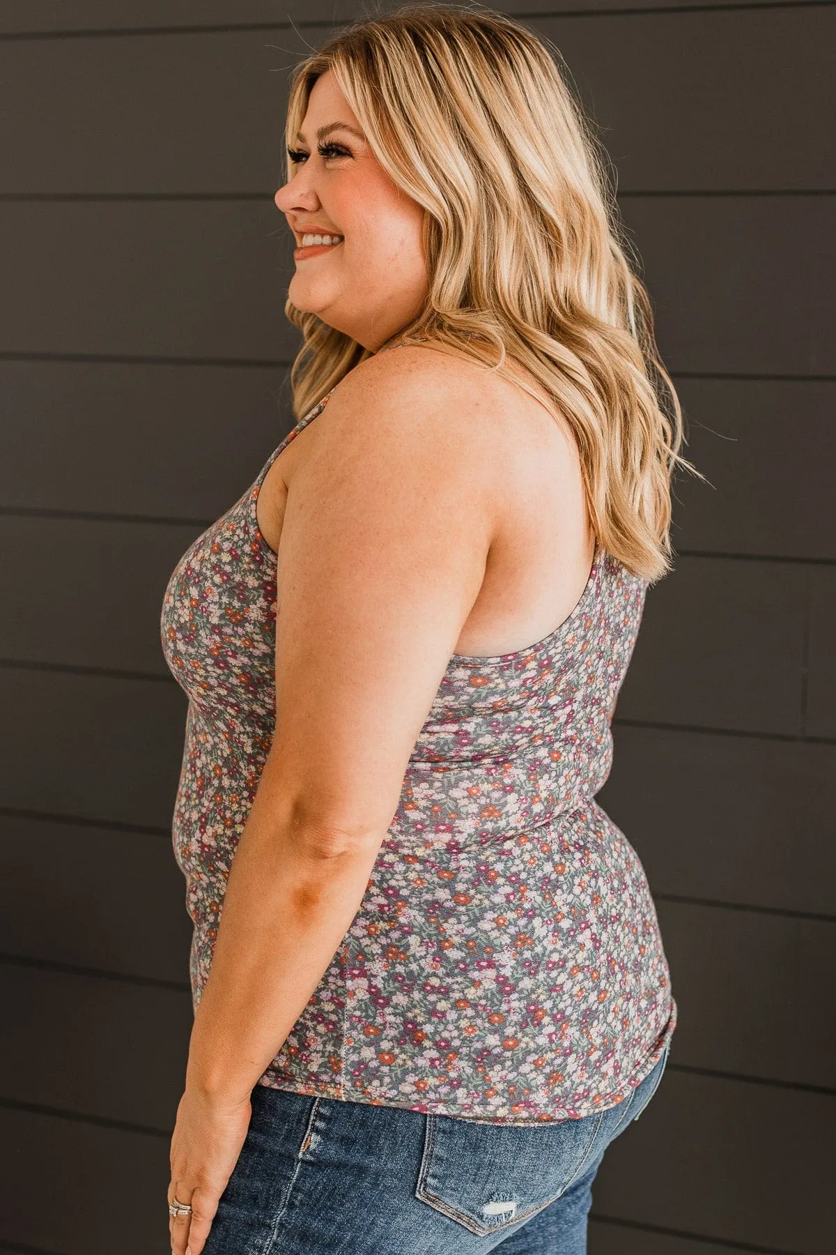 Here & There Floral Tank Top- Charcoal