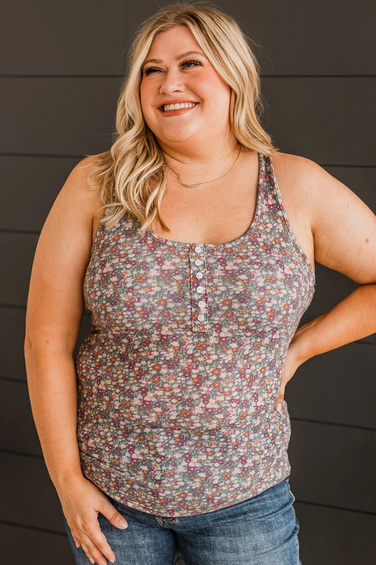 Here & There Floral Tank Top- Charcoal