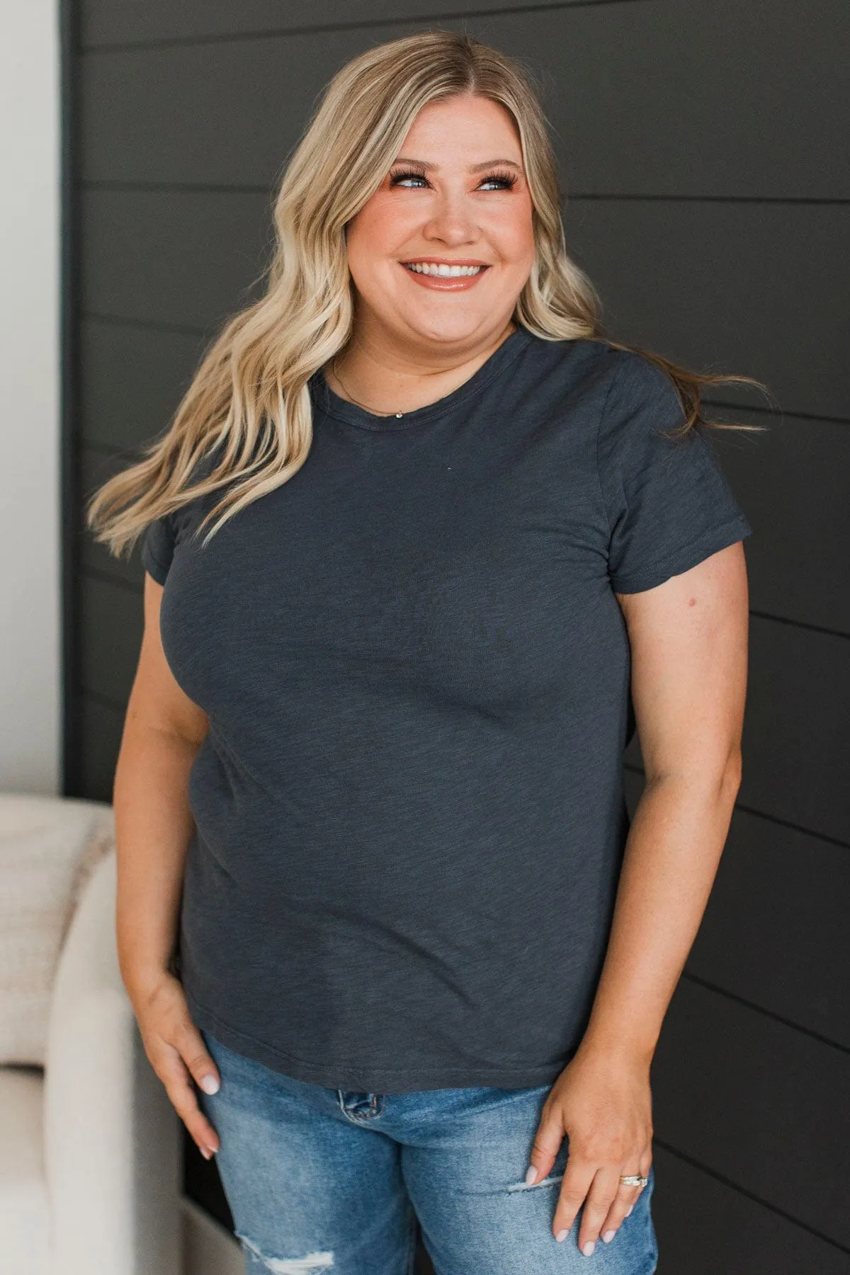 Here For Today Short Sleeve Top- Charcoal Blue