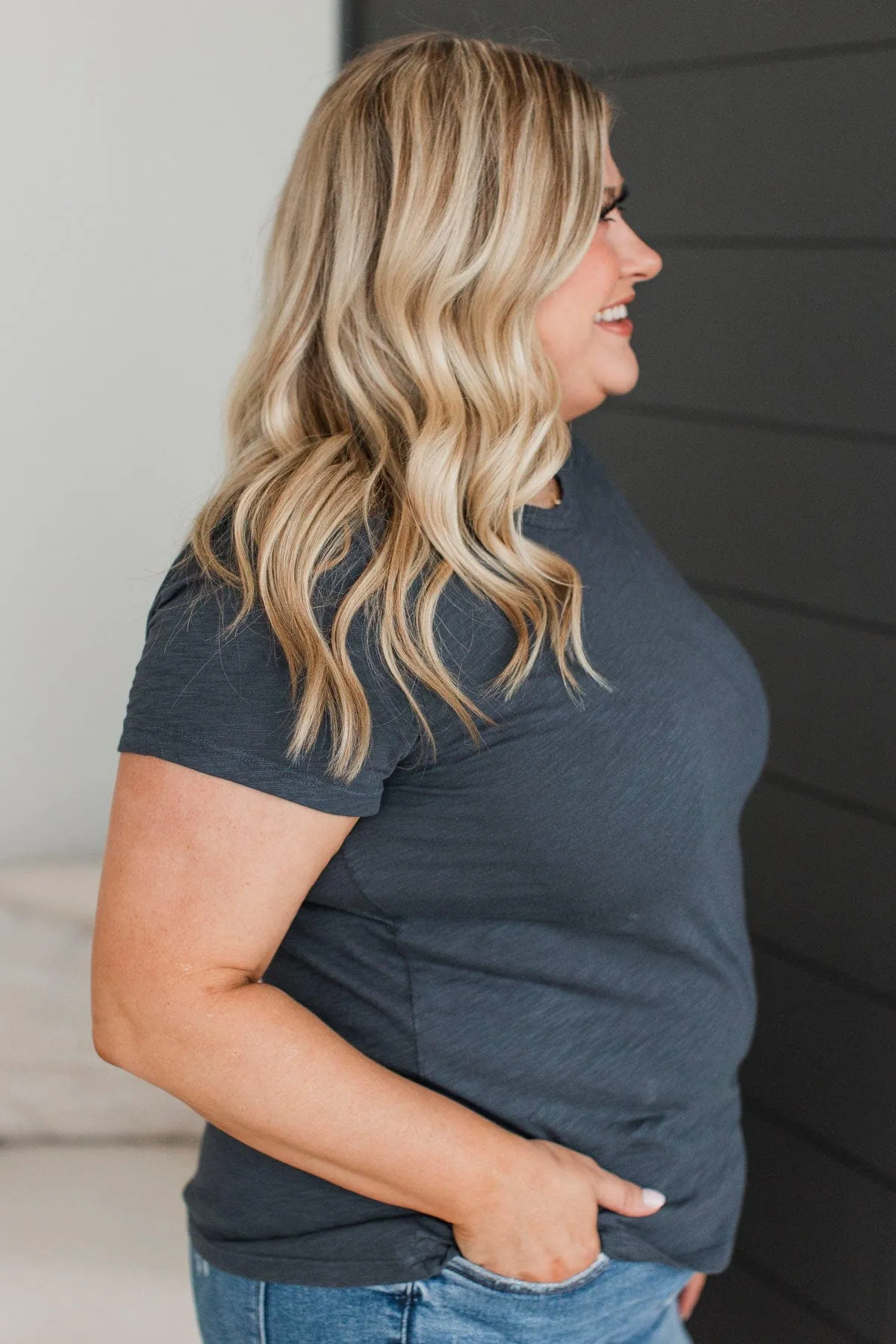 Here For Today Short Sleeve Top- Charcoal Blue