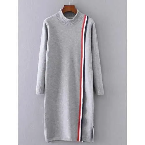 High Neck Slit Striped Sweater Dress - Gray One Size