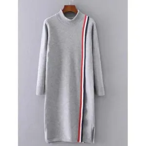 High Neck Slit Striped Sweater Dress - Gray One Size