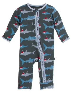 KicKee Pants Pewter Santa Sharks Muffin Ruffle Coverall with Zipper