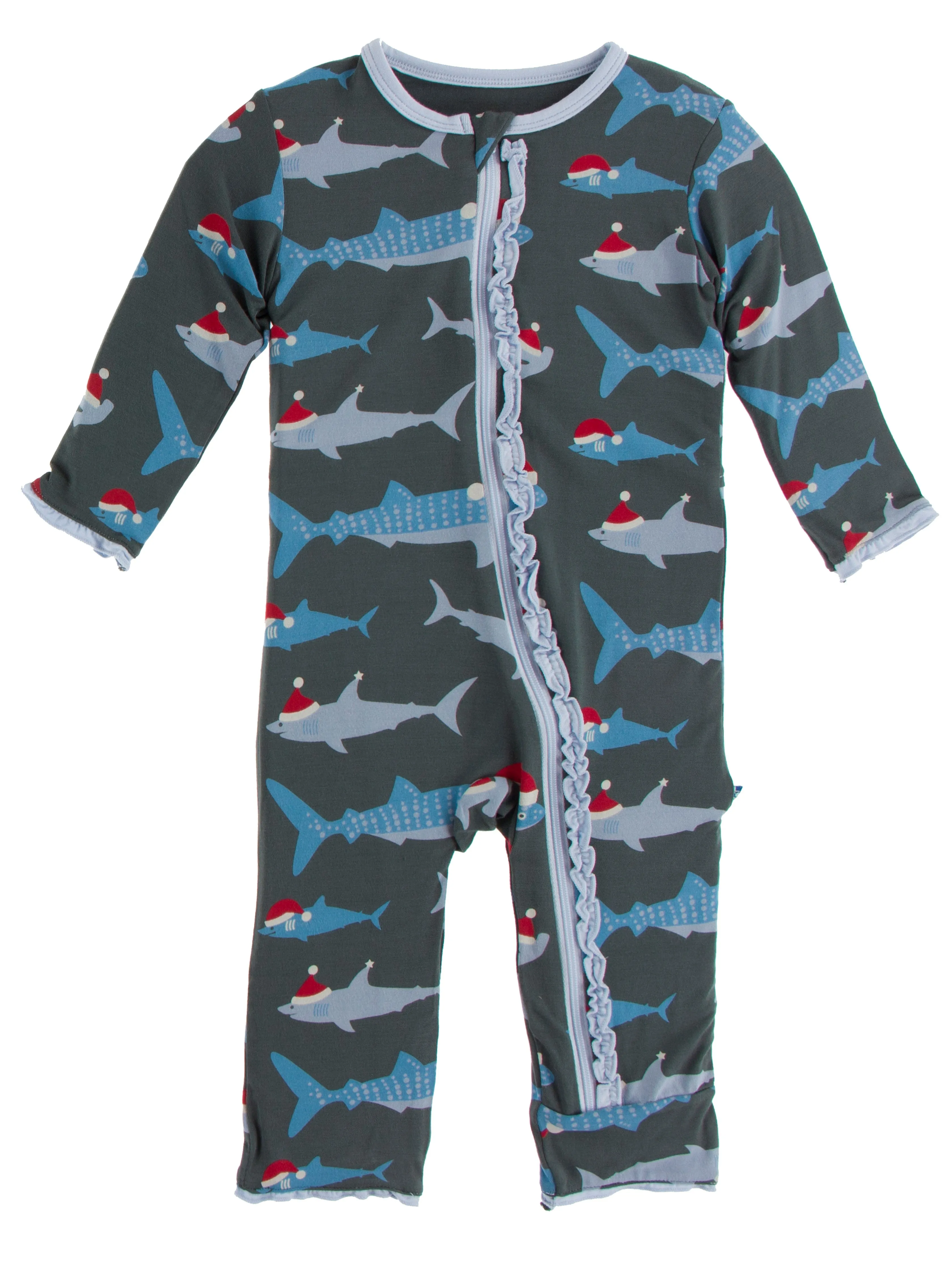 KicKee Pants Pewter Santa Sharks Muffin Ruffle Coverall with Zipper