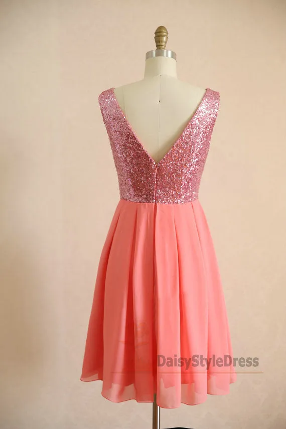 Knee Length V-back Coral Party Dress