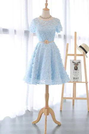 Lace Short Blue Prom Dress Blue Homecoming Dress Knee Length with Appliques HD002
