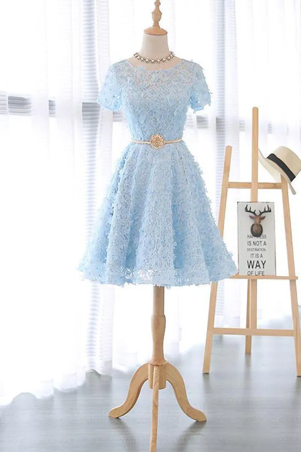 Lace Short Blue Prom Dress Blue Homecoming Dress Knee Length with Appliques HD002