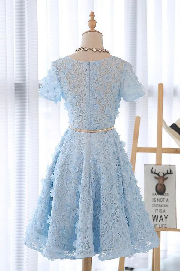 Lace Short Blue Prom Dress Blue Homecoming Dress Knee Length with Appliques HD002