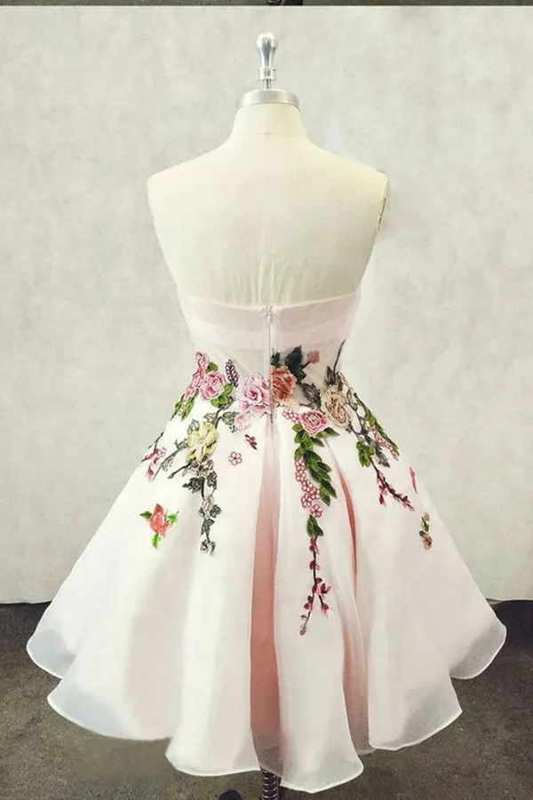 Light Pink A-line Strapless Homecoming Dress With Flower Appliques OKY88