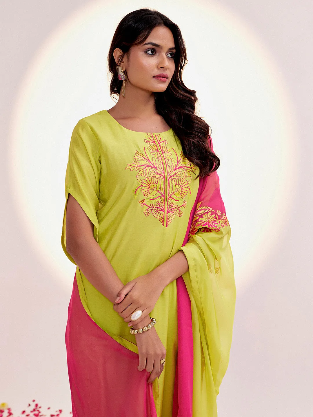 Lime Green Resham Embroidered Festive Kurta Set With Dupatta