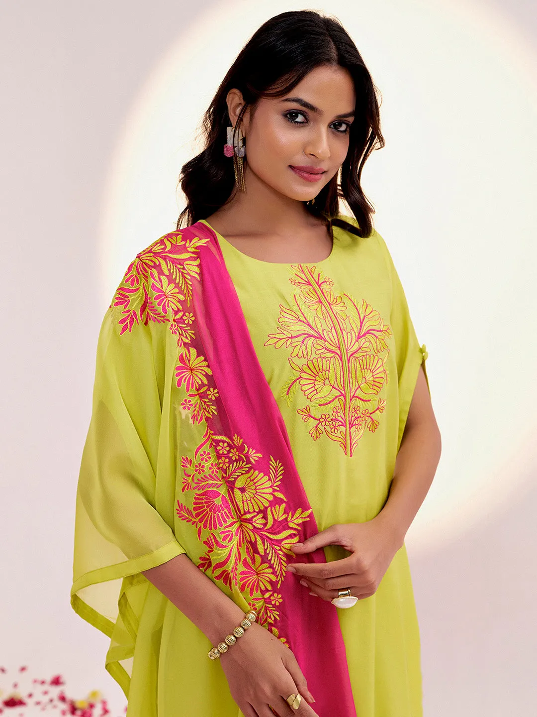 Lime Green Resham Embroidered Festive Kurta Set With Dupatta