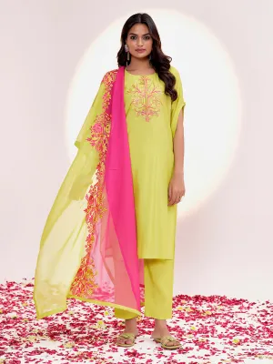 Lime Green Resham Embroidered Festive Kurta Set With Dupatta