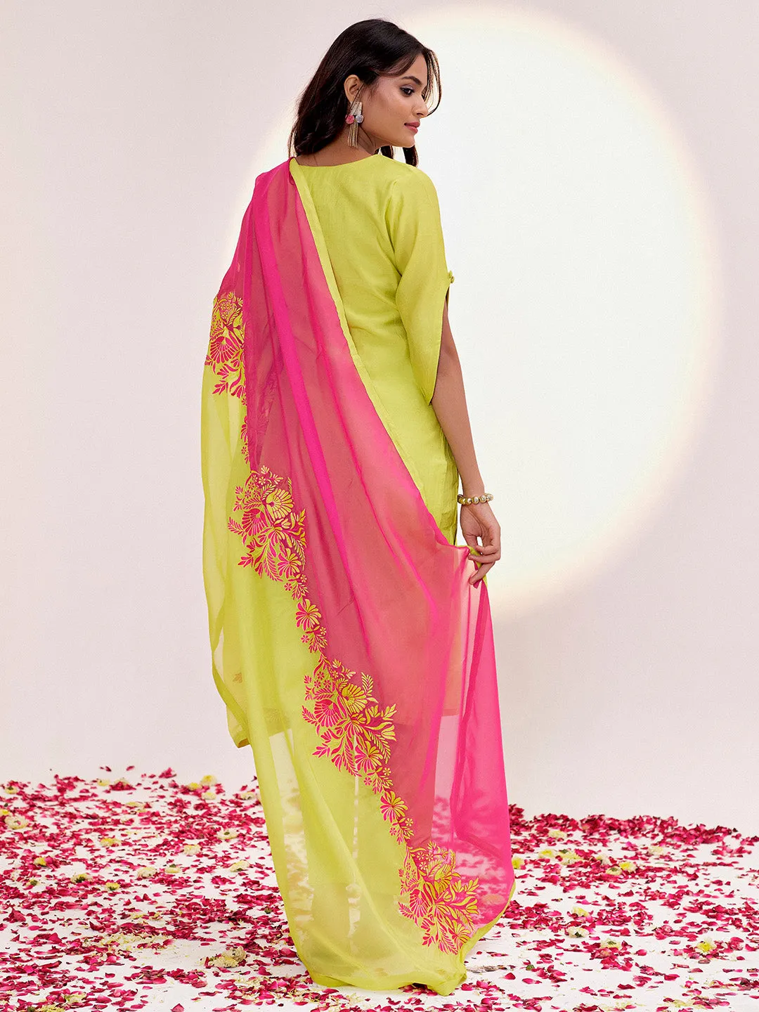 Lime Green Resham Embroidered Festive Kurta Set With Dupatta