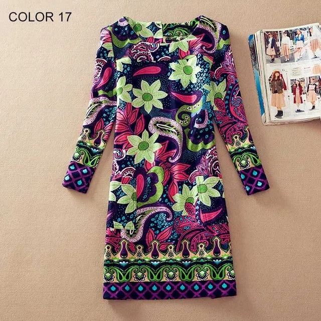 Long Sleeve Flower Print Dress Multiple Designs