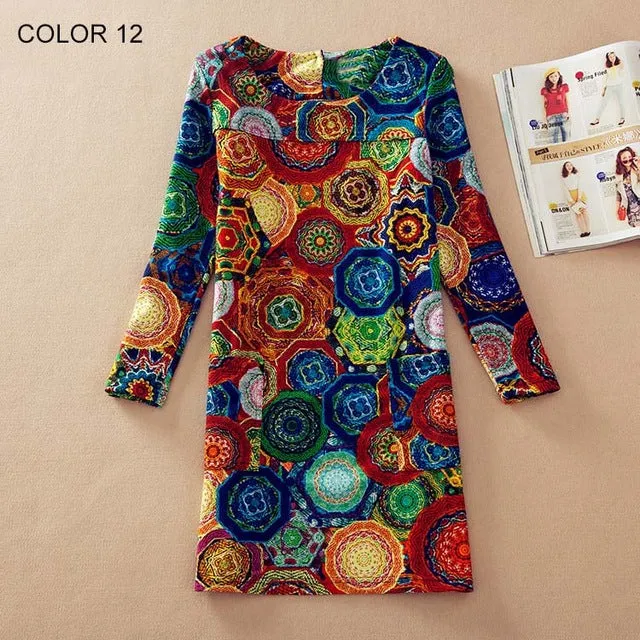 Long Sleeve Flower Print Dress Multiple Designs