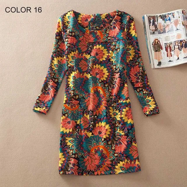 Long Sleeve Flower Print Dress Multiple Designs