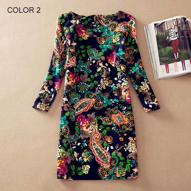 Long Sleeve Flower Print Dress Multiple Designs