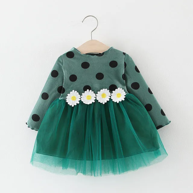 Long Sleeve Polka Dot Daisy Flower Dress