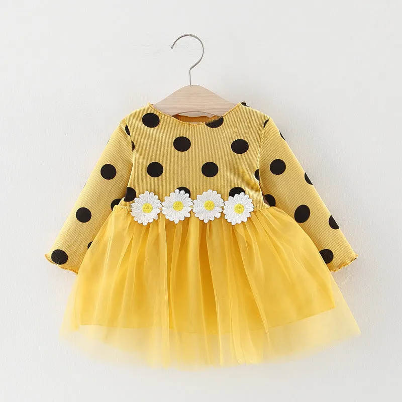 Long Sleeve Polka Dot Daisy Flower Dress