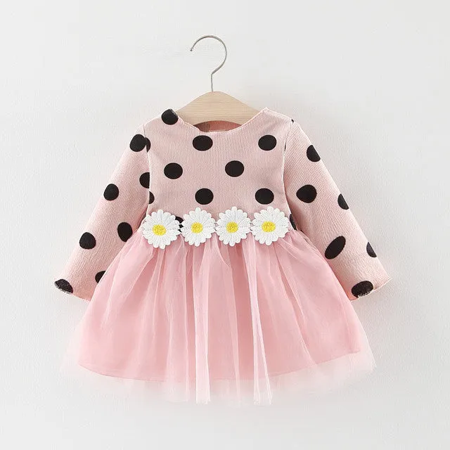 Long Sleeve Polka Dot Daisy Flower Dress