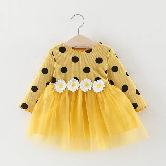 Long Sleeve Polka Dot Daisy Flower Dress