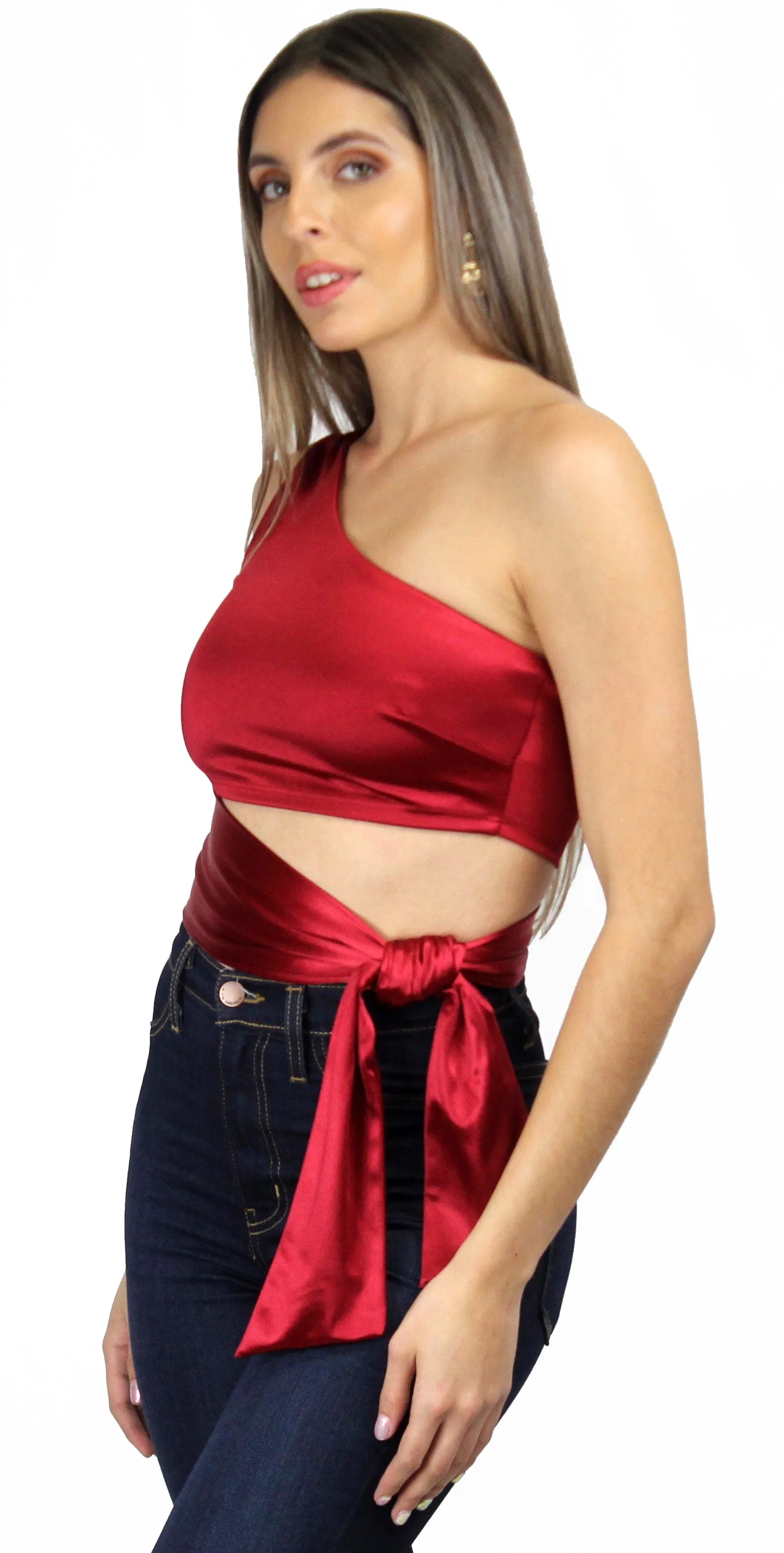 Love to Laugh Satin Ruby One-Shoulder Crop Top
