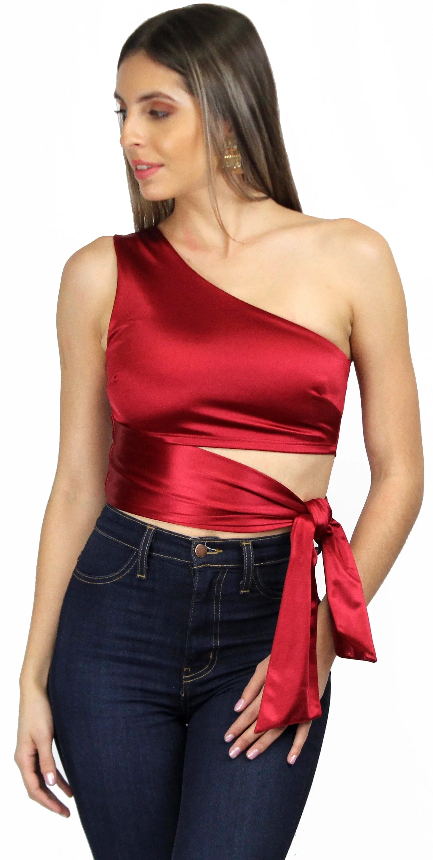 Love to Laugh Satin Ruby One-Shoulder Crop Top
