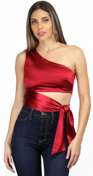 Love to Laugh Satin Ruby One-Shoulder Crop Top