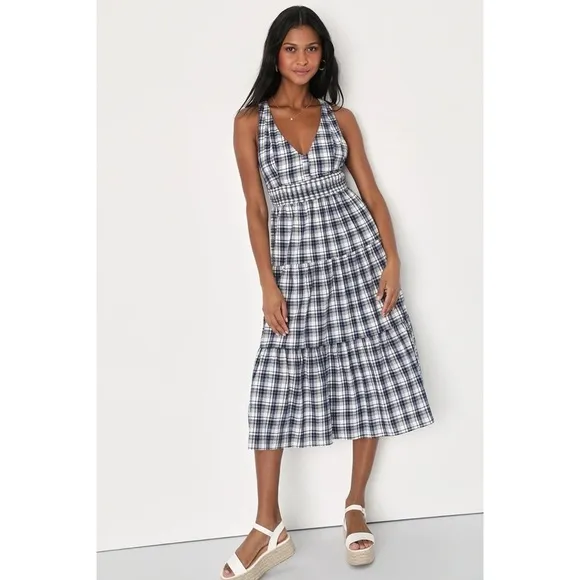 Lulu's Surely Charmed Navy Blue Plaid Tiered Backless Midi Dress Size M