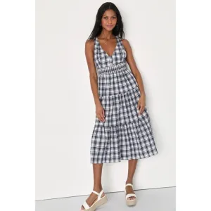 Lulu's Surely Charmed Navy Blue Plaid Tiered Backless Midi Dress Size M