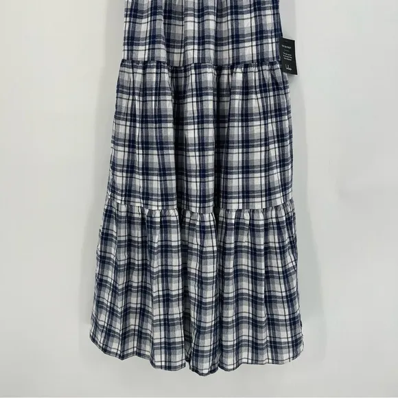 Lulu's Surely Charmed Navy Blue Plaid Tiered Backless Midi Dress Size M