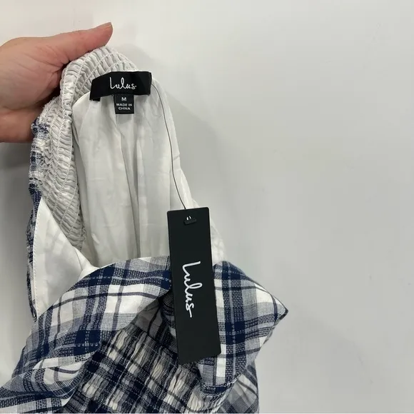 Lulu's Surely Charmed Navy Blue Plaid Tiered Backless Midi Dress Size M