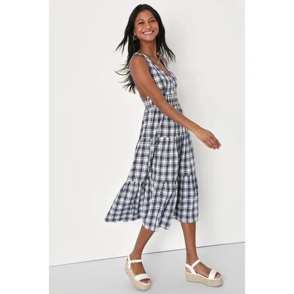 Lulu's Surely Charmed Navy Blue Plaid Tiered Backless Midi Dress Size M